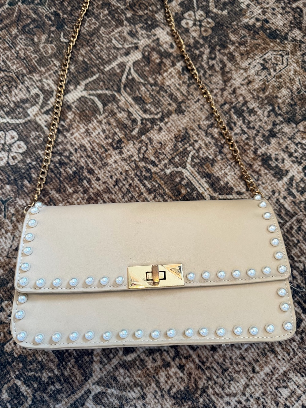 Classic Pearl-Trim Leather Shoulder Bag in Cream